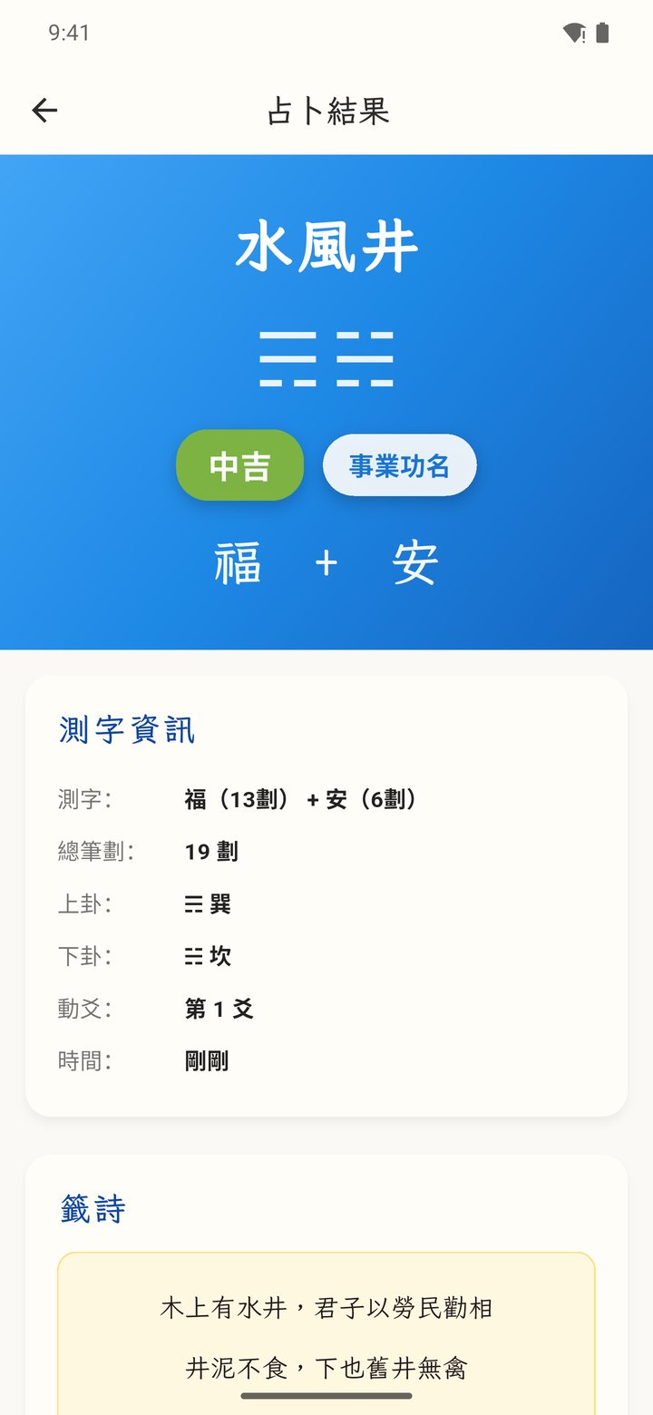 測字占卜結果：福加安，得水風井卦，中吉，問事業功名，附籤詩